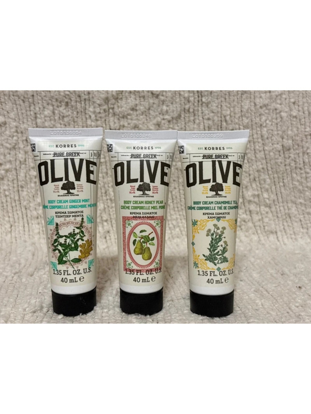 Set of 3 travel-sized Korres Pure Greek Olive Body Cream tubes